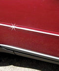 Cowles Custom chrome body molding strip installed on red car door, 1/2-in x 18-ft PVC