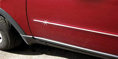 Cowles Custom chrome body molding strip installed on red car door, 1/2-in x 18-ft PVC
