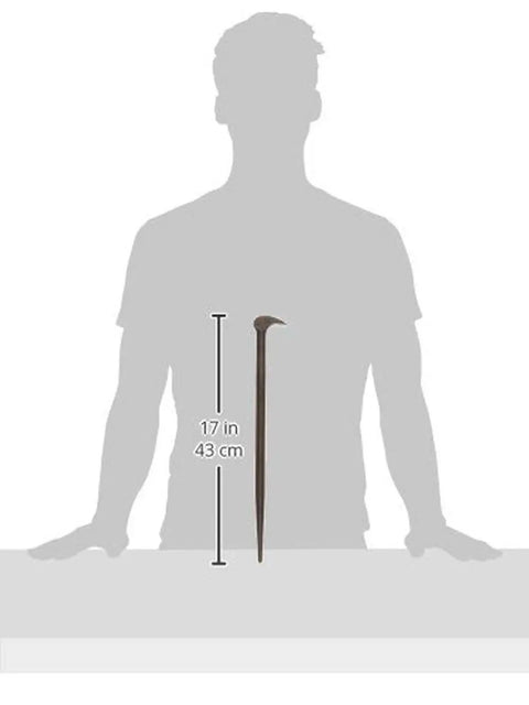 16 Inch Rolling Head Pry Bar With Long Pointed Taper And 90 Degree Head For Maximum Leverage next to human scale silhouette.