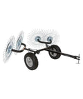 Acreage Lawn Rake With Four Tine Steel Tow Behind Dethatcher, 48-inch wide, black steel frame, with wheels for lawn and garden cleanup.