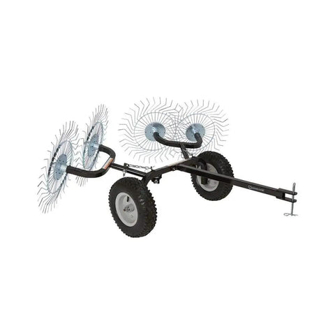 Acreage Lawn Rake With Four Tine Steel Tow Behind Dethatcher, 48-inch wide, black steel frame, with wheels for lawn and garden cleanup.