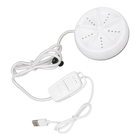 Compact Portable Mini Washing Machine With Turbine Tech For Clothes And Dishes Featuring Remote Control And Four Speeds, USB connector and remote.