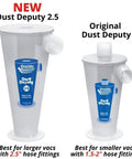 Total Game Changer DIY Cyclone Separator Kit For Wet And Dry Shop Vacs With Universal Adapter Set That Knocks Out Ninety Nine Percent Of Fine Sawdust Keeps Filters Fresh And Maintains Killer Suction All Day Long Clear View Window showing Dust Deputy 2.5 and Original Dust Deputy side by side.