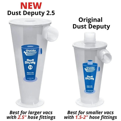 Total Game Changer DIY Cyclone Separator Kit For Wet And Dry Shop Vacs With Universal Adapter Set That Knocks Out Ninety Nine Percent Of Fine Sawdust Keeps Filters Fresh And Maintains Killer Suction All Day Long Clear View Window showing Dust Deputy 2.5 and Original Dust Deputy side by side.