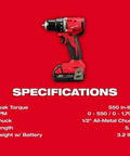 18V Cordless Compact Brushless Drill Driver Kit With Two Batteries Charger And Contractor Bag Heavy Duty Half Inch Chuck Tool For Tight Spaces Job Site Badass Power Control specifications showing drill details on red background.