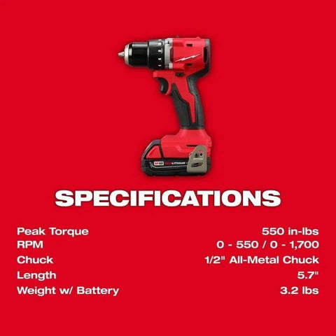 18V Cordless Compact Brushless Drill Driver Kit With Two Batteries Charger And Contractor Bag Heavy Duty Half Inch Chuck Tool For Tight Spaces Job Site Badass Power Control specifications showing drill details on red background.