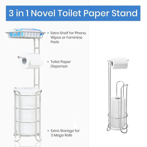 Freestanding Toilet Paper Holder With Top Shelf Storage For Mega Rolls Phone And Wipes Ivory White Nautical Style Bathroom Organizer