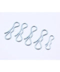 Heavy Duty Alloy Steel Cotter Pins Pack Of 5 Silver Spring Locking Fasteners For Industrial Repairs, Old Damaged Bolts And Auto Fixes Super Strong Security. Set of five durable silver metal cotter pins.