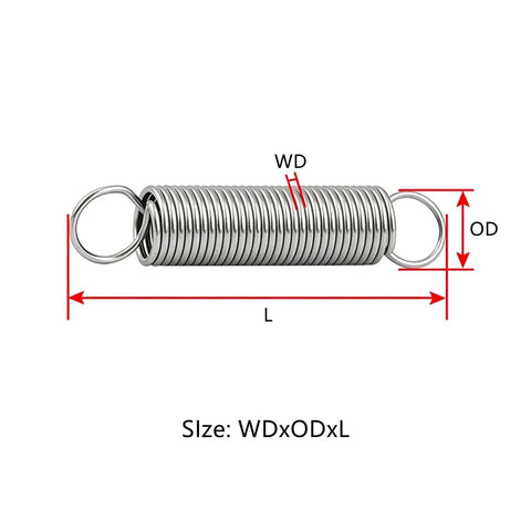 Ten Pack Premium 304 Stainless Steel Closed Loop Hook Extension Springs with measurements for size, 35mm length, 0.3mm wire diameter.