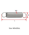 Stainless Steel 10-Piece Closed Loop Hook Extension Springs showing dimensions, wire diameter 0.3mm, length 50mm.