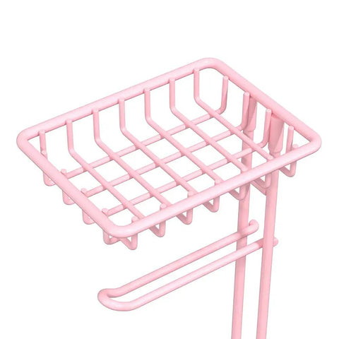 Top view of Pink Floor Standing Toilet Paper Holder With Extra Shelf And Back Up Storage Dispenser For Bathroom Holds Four Mega Rolls Plus Space
