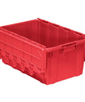 Red 27 Inch Long Stackable Plastic Storage Tote With Hinged Attached Lid For Rugged Industrial Use 17 Inch Wide And 12 Inch High Heavy Duty Tote Container For Organization And Dustproof Storage