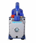Front view of Straight Up Heavy Duty 4.5 CfM HVAC Vacuum Pump Single Stage Rotary Vane 1/3HP with blue handle and gauges.