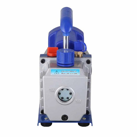 Front view of Straight Up Heavy Duty 4.5 CfM HVAC Vacuum Pump Single Stage Rotary Vane 1/3HP with blue handle and gauges.