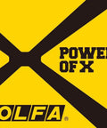Yellow and black "Power of X" logo with "OLFA" text on a utility knife packaging.