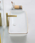 USZWBY Bathroom Vessel Sink Modern Ceramic Vessel Bowl Sink in Decor Golden Top Mount bathroom sink with gold faucet.