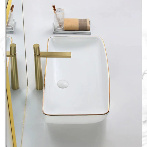 USZWBY Bathroom Vessel Sink Modern Ceramic Vessel Bowl Sink in Decor Golden Top Mount bathroom sink with gold faucet.