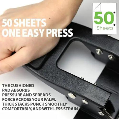Close-up of 2 Hole Padded Punch For Office Use, Medium Duty, 50 Sheet Capacity with ergonomic padded handles, black design.