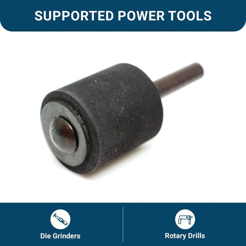 Solid Workhorse One Inch Rubber Expanding Drum Sander With One Quarter Inch Mandrel Rotary Sanding Attachment Fits Drill And Die Grinder. Close-up view of rubber drum sander head.