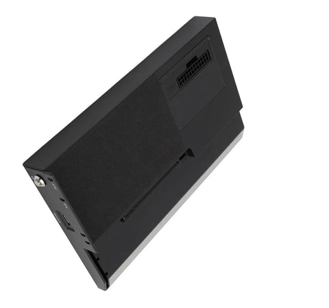 Rock Solid Aluminum Egpu Dock For Laptops Featuring Pcie 4 0 X4 Bridge Slot Supporting Desktop Graphics Cards And Atx Sfx Power Supply angled view showing the rear panel.