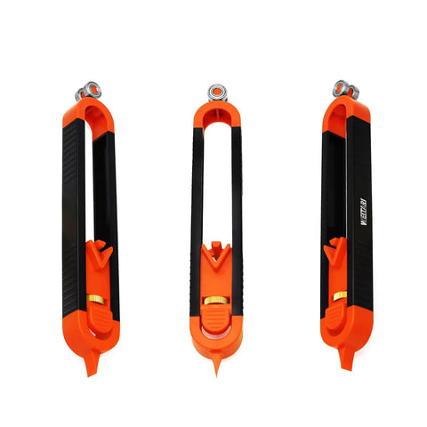 Slick Dual Sided Contour Gauge And Profile Scribe Tool With Tight Grip Lock For One Handed Glide, shown from three angles.