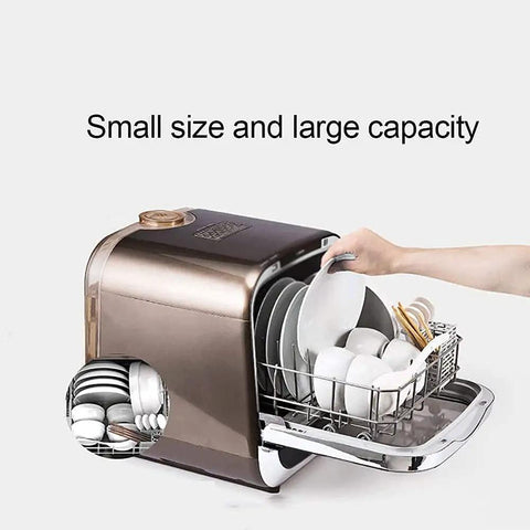 Totally Hassle Free Compact Countertop Dishwasher With Slick Stainless Steel Interior Detachable Water Tank Super Quick 45 Minute Wash Self Clean Extra Dry And Roomy Six Place Setting Rack showing large capacity design with neatly organized plates.