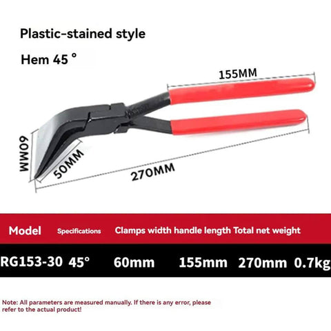 Folding Pliers Set For Sheet Metal Bending And Straightening with nonslip handle, model RG153-30, measures 270mm, 45-degree hem bend.
