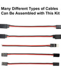 Various assembled cables from Pro RC Servo Connector Kit with crimp tool, 3m 22AWG cables, 30 male and 30 female pins visible