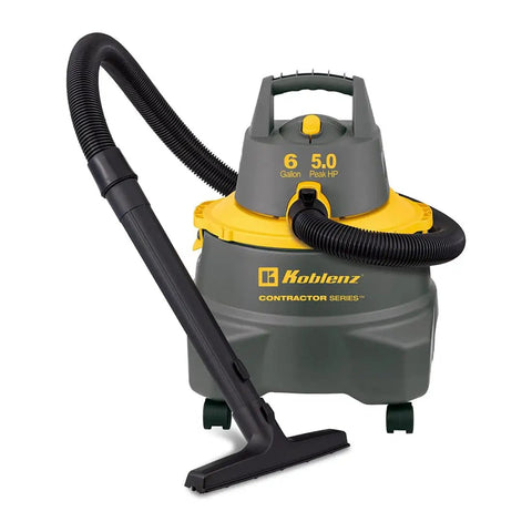 Contractor Wet Dry Vacuum For Jobsite, 6 Gallon Workhorse Powerhouse, 960W, with hose and attachments, gray and yellow