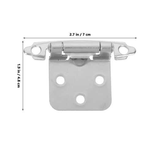 10 Pack Half Overlay Spring Cabinet Hinges, 1.2mm White Nickel Metal Door Hardware, Soft Close, Heavy Duty, Front View with Measurements