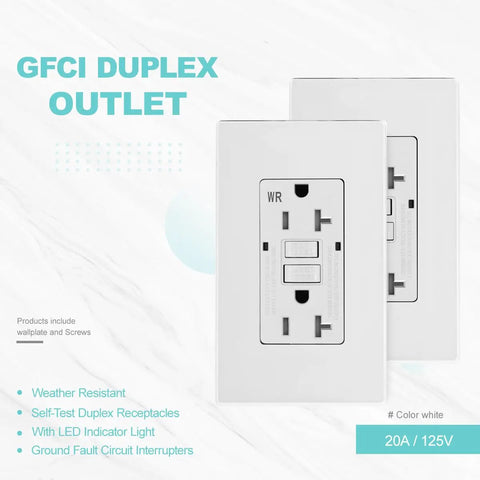 20 Amp GFCI Outdoor Outlet With Self Test, Weather Resistant Receptacle, LED Indicator, 125 Volt, Screwless Wallplate Included