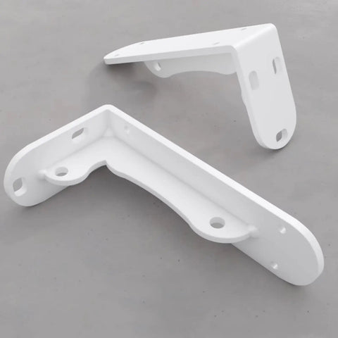 Super Tough White Iron Wall Mount Floating Shelf Brackets With Reinforced Triangle Brace To Haul Heavy Loads Without Breaking A Sweat Includes Complete Mounting Kit For Easy Setup That Actually Holds Up, featuring two welded white iron brackets.