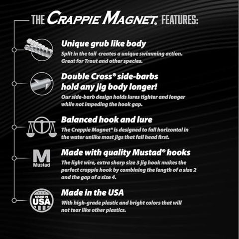 Features of Crappie Magnet Best Of The Best Kit For Crappie Fishing with 96 Bodies, 15 Double Cross Jig Heads, and 4 EZ Floats