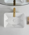 USZWBY Bathroom Vessel Sink Bathroom Vessel Sink, Geometry Artistic White Ceramic Sink Bowl, Rectangular countertop view with gold faucet.