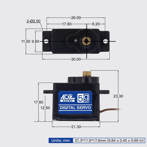 Dimensions of Sub Micro RC Servo Motor With Metal Gear, 8g Light, 1kg Torque, 0.075 Sec Fast Coreless Digital Drift Servo