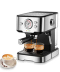 Slick Electric Coffee Maker With Auto Milk Frother For Thick Cappuccino And Hot Latte Brews Stainless Steel Core Removable Water Tank Easy Drain Drip Tray brewing espresso with cups.