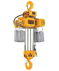 Heavy Duty Electric Chain Hoist Offering 20000 Lb Capacity And 10 Ft Lift For Serious Shop Jobs with yellow hooks and weight bags.