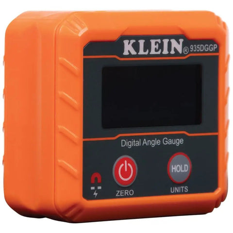 Close-up of orange Angle Finder Digital Gauge With Strong Magnetic Base for quick conversions between degrees and more.