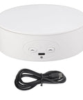 Heavy Duty Electric Rotating Display Stand With 6.6lb Load Capacity perfect for photography, showing USB power options, sleek white finish.