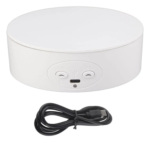 Heavy Duty Electric Rotating Display Stand With 6.6lb Load Capacity perfect for photography, showing USB power options, sleek white finish.