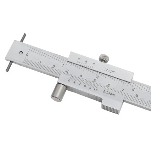 Precision Parallel Cross Caliper With Integrated Carbide Scriber Needle To Nail Exact Measurements Every Time showing detailed measurements.