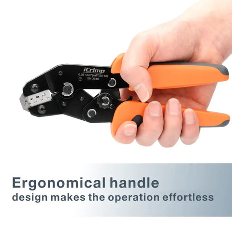 Hand holding Pro Grade Ratchet Crimp Tool For 0.08-1.0 Mm2 Wire, 18-28 AWG, Fits PH2.0 XH2.54 2.54, 2.8, 3.0, 3.96, 4.8 KF2510 JST Terminals