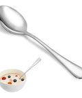 Close-up of Big Value 16 Piece Dinner Spoon Set 7.3 Inch Tablespoons Premium Food Grade Stainless Steel Spoons with bowl of cereal