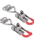 Two Pack Toggle Clamp Built from 304 Stainless Steel Heavy Duty Hold Down Quick Fixture Latch with Adjustable Buckle Tough as Nails Perfect for Woodworking Cabinets or Door Latching Projects. Two stainless toggle clamps with red handles