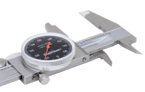 6 Inch Dial Caliper With 0.001 Inch Resolution Black Face Red Needle Stainless Steel Satin Chrome Finish Measures Inside Outside Depth