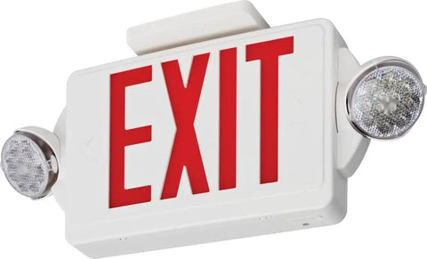 2 In 1 LED Exit Sign And Emergency Light Combo With Red Letters High Output Battery Backup 2 Head Fixture For Biz Durable Thermoplastic Housing Adjustable Emergency Lighting White Finish