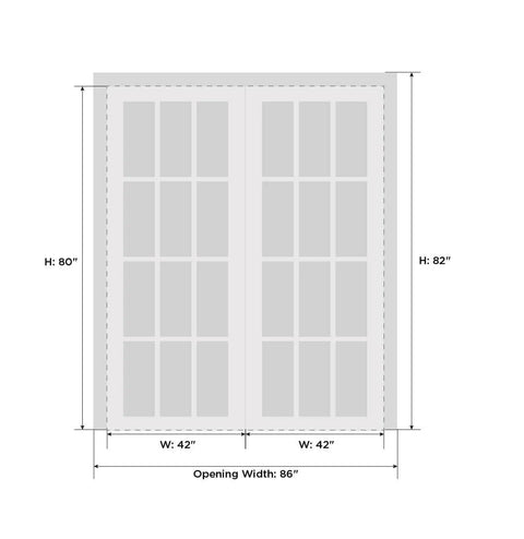 Diagram showing dimensions of Two Door Double Swing French Interior Doors With Frosted Glass, Matte Black Finish, hardware included, 84x80 in