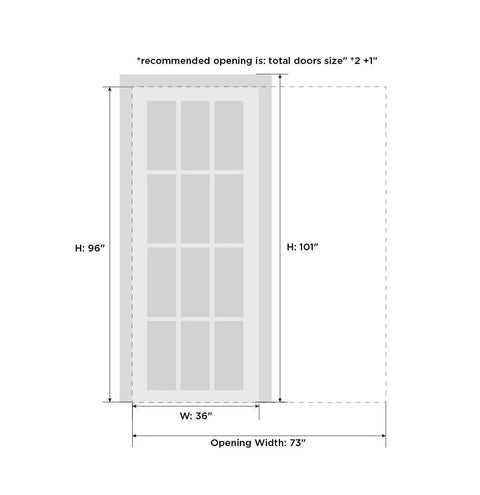 Quadro 4088 Sliding Interior Door Kit With Black Matte Frosted Glass Pocket Door 36 By 96 Inches Solid MDF Core measurement diagram