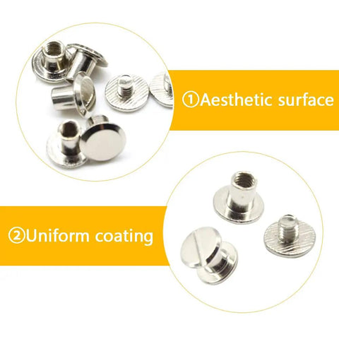 Knockout Silver Chicago Binding Screws M5 X 6Mm Nickel Plated Flat Head Rivet Set showcases aesthetic surface and uniform coating.