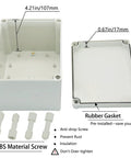 Heavy Duty IP67 Waterproof Junction Box showing ABS material screws and rubber gasket, dimensions 4.21in and 0.67in.